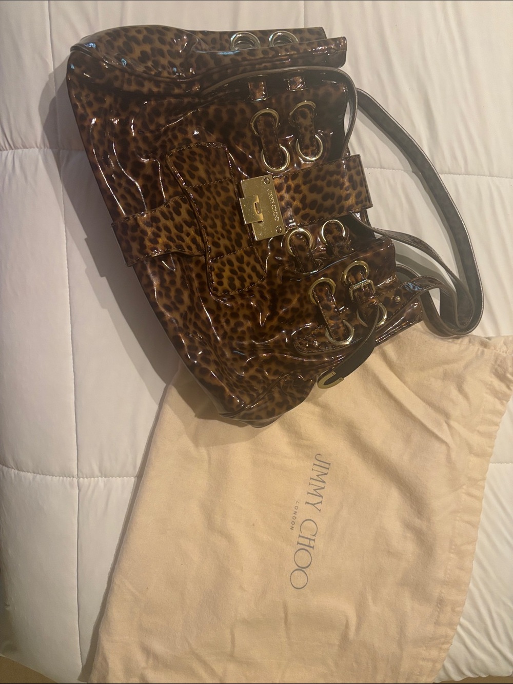 Jimmy Choo Brown Leopard-Print Patent Shoulder Bag with Gold Hardware